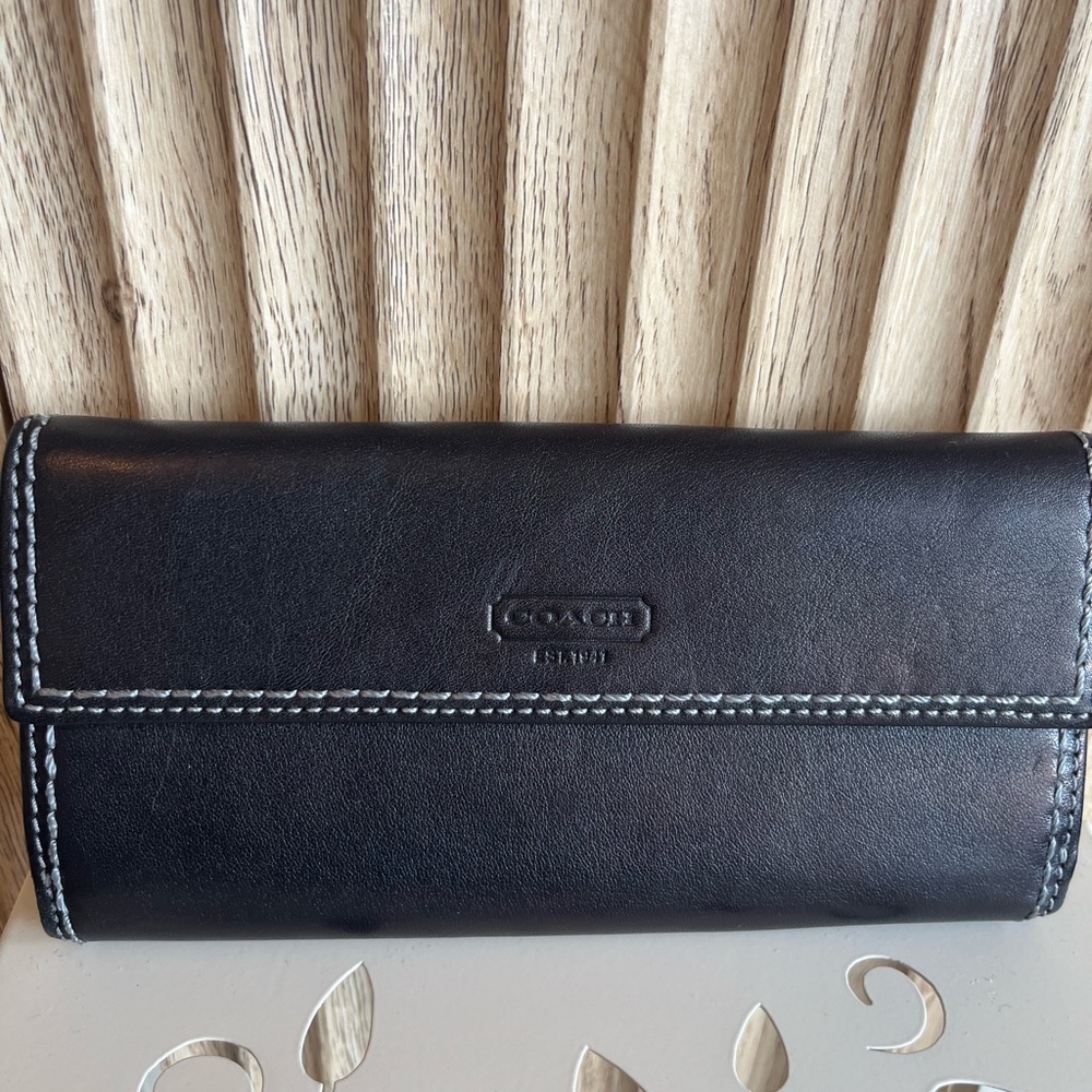 Coach Black Leather Continental Wallet with White Stitching